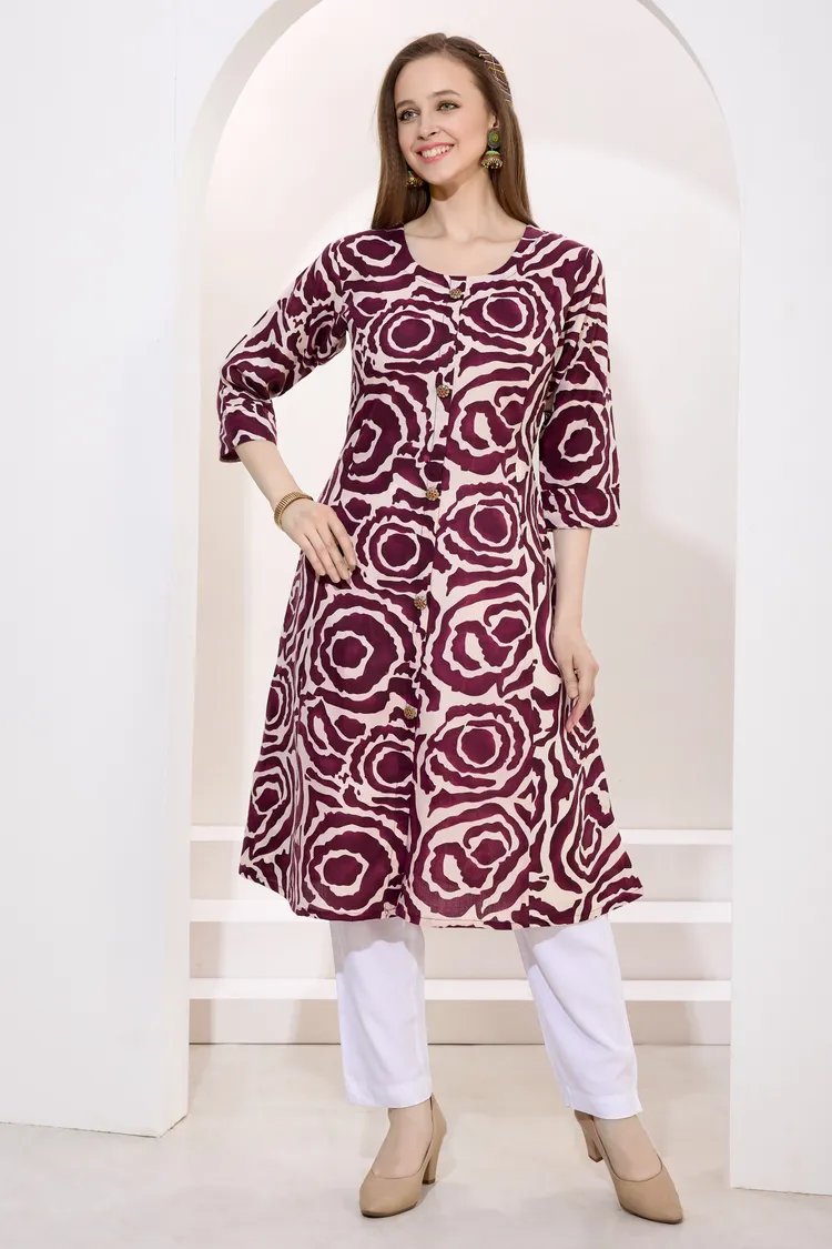 Wine Linen Cotton Princess Cut Long Kurta For Women