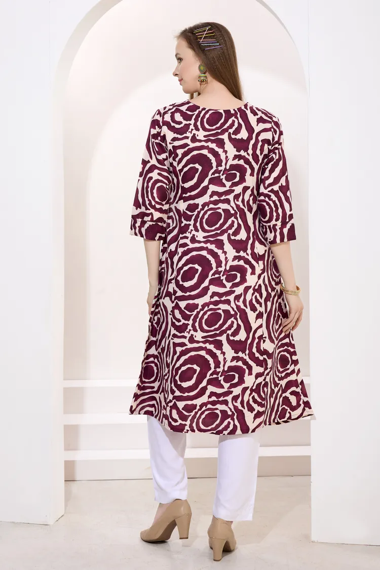 Wine Linen Cotton Princess Cut Long Kurta For Women