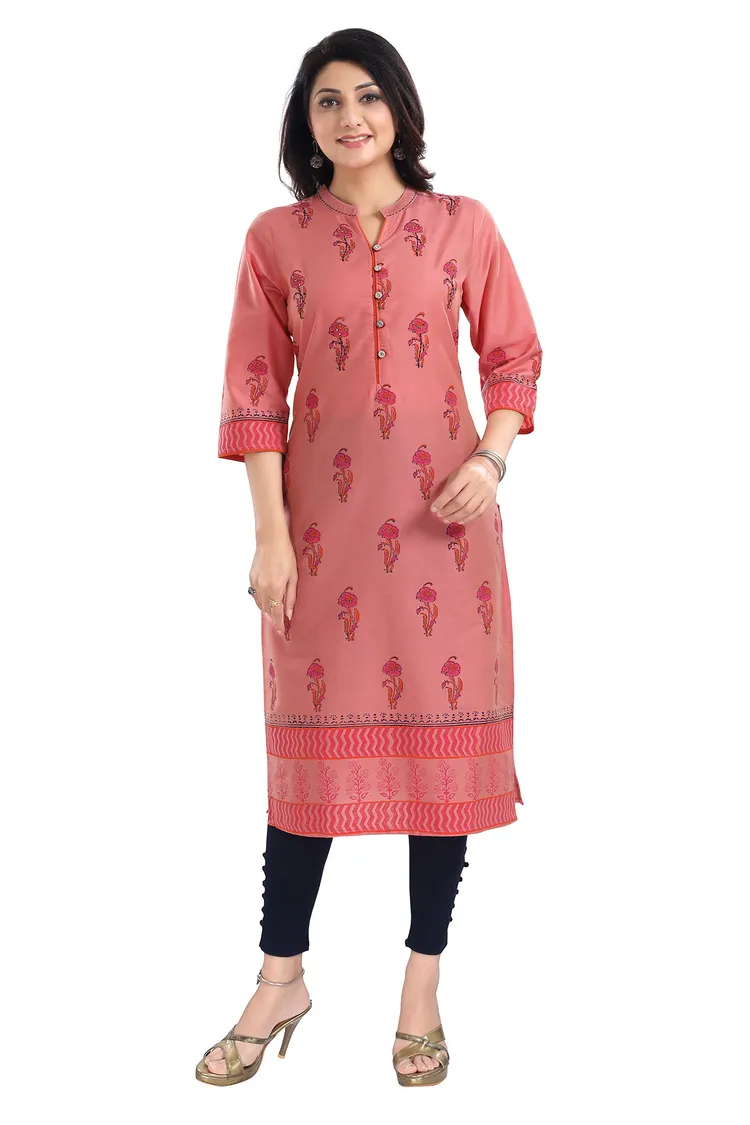 Tomato Cotton Silk Block Print Long Kurta For Women