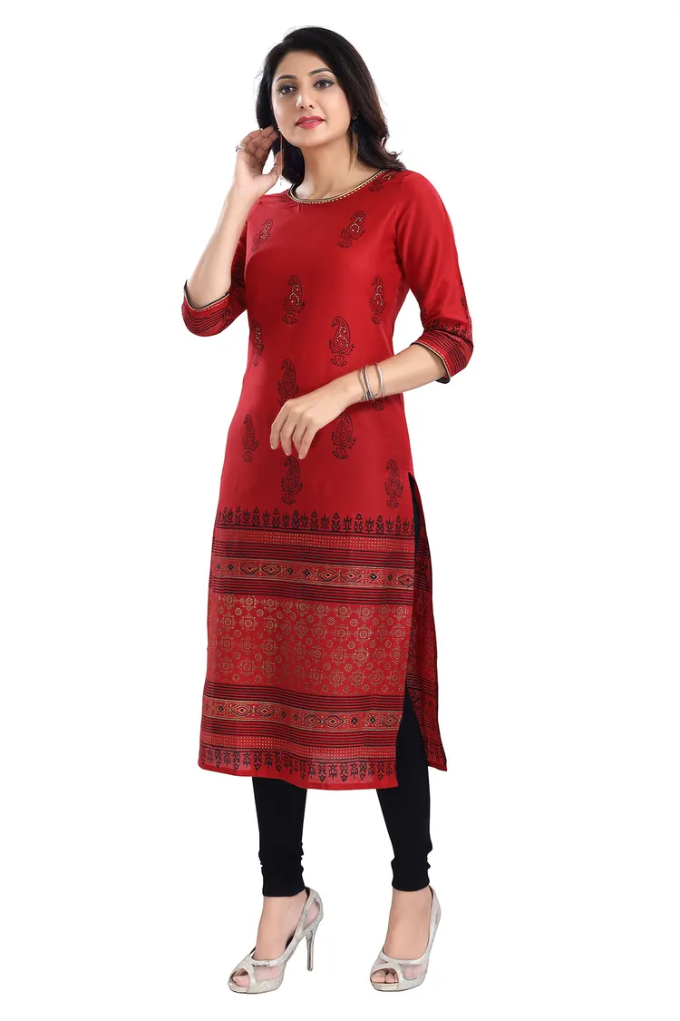 Red Cotton Silk Block Print Long Kurta For Women