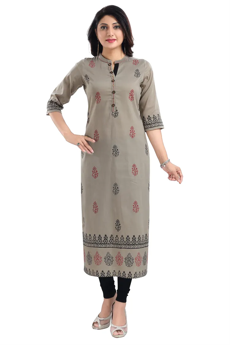 Grey Cotton Silk Block Print Long Kurta For Women