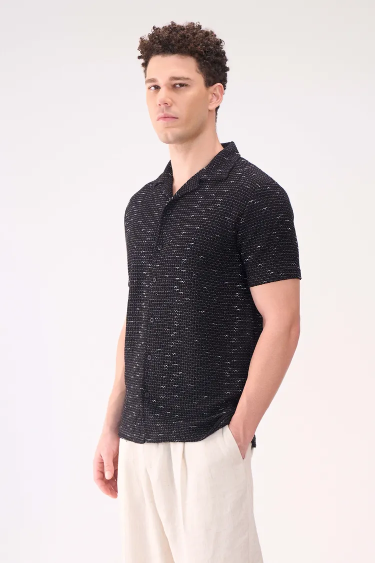 TEXTURED HALF SLEEVES BLACK SHIRT