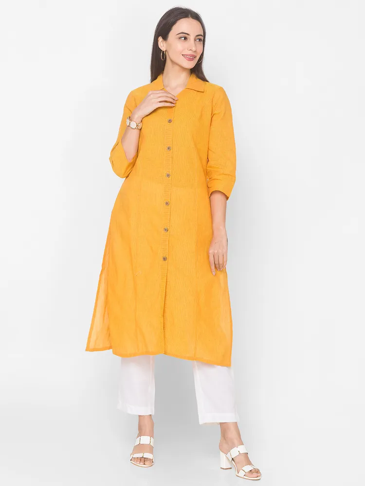 Mustard Collar Neck Straight Kurta