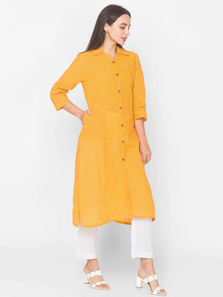 Mustard Collar Neck Straight Kurta