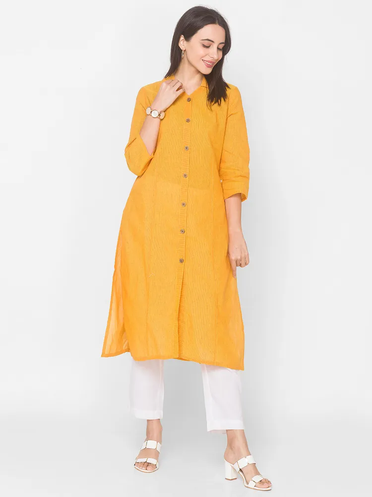 Mustard Collar Neck Straight Kurta