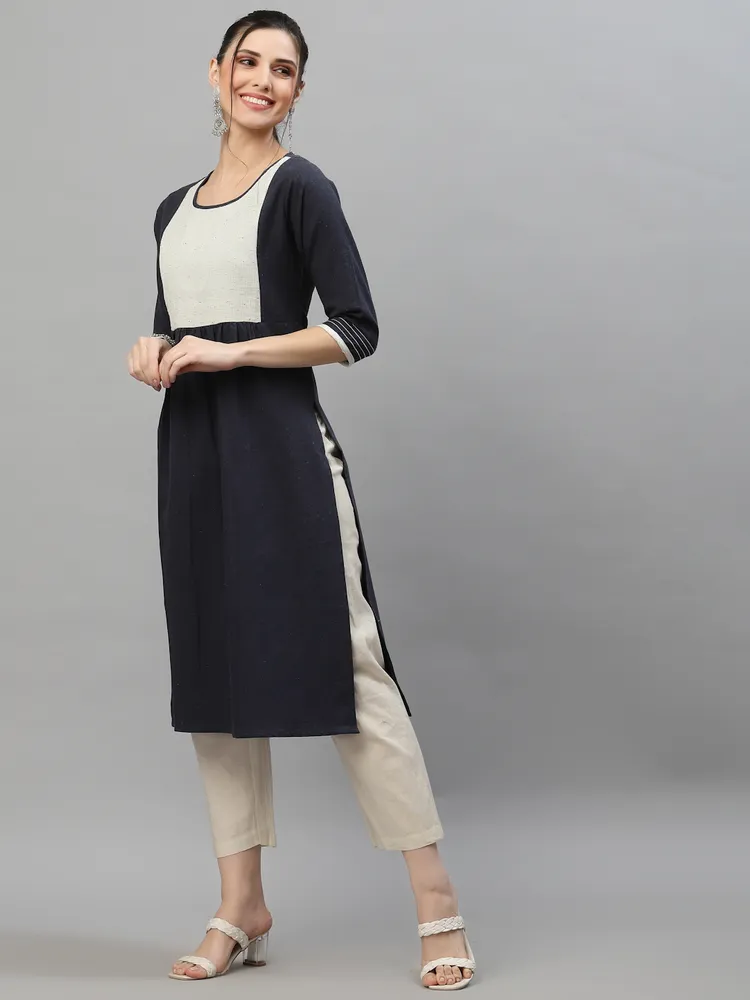 Women Navy Round Neck Flared Kurta