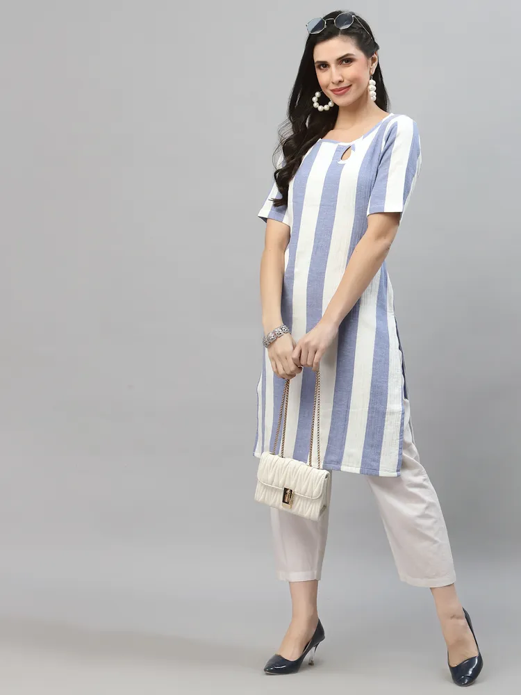 Women Striped Keyhole Neck Straight Kurta