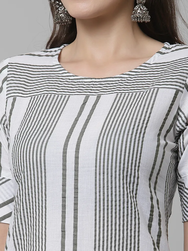 Women White & Olive Striped Cotton Knee Length Kurta
