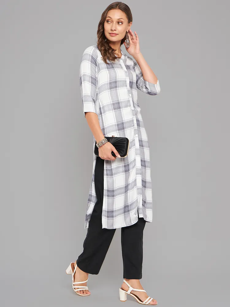 Women White & Grey Collar Neck Kurta