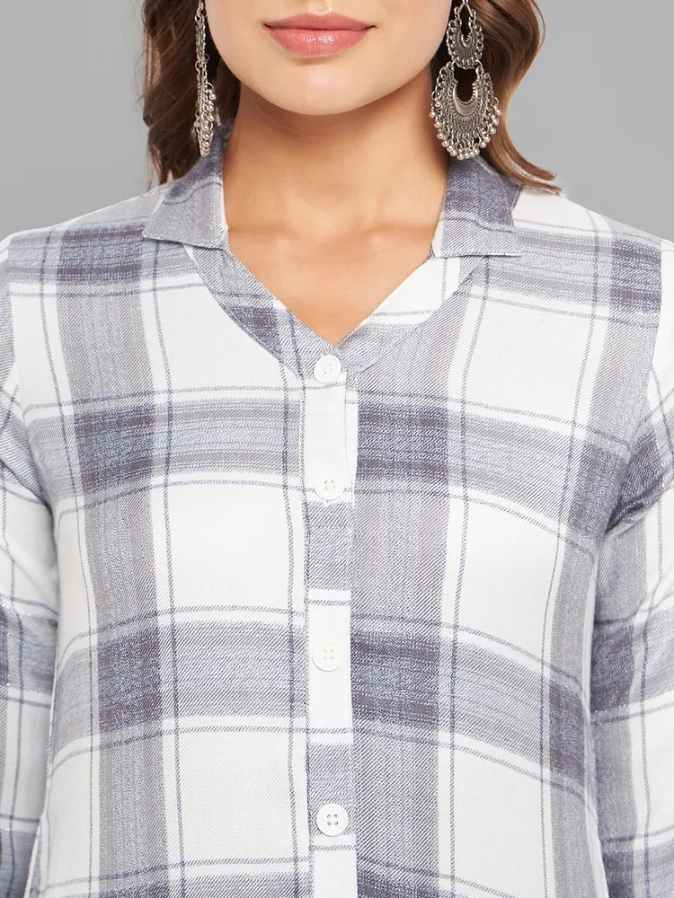 Women White & Grey Collar Neck Kurta