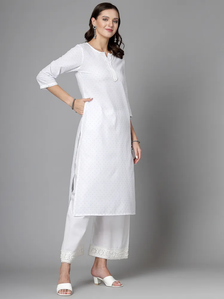 Women White Swiss-Dot Kurta With Lace