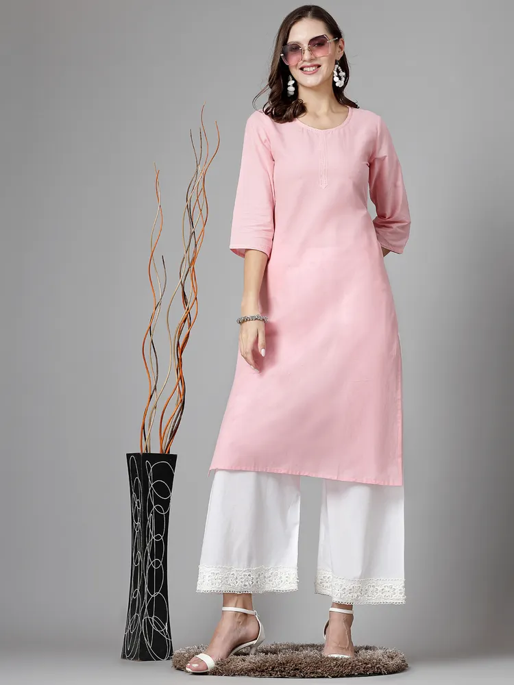 Women Pink Swiss-Dot Kurta With Lace