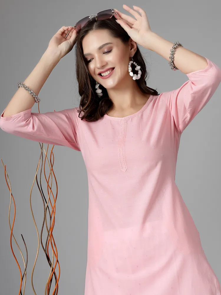 Women Pink Swiss-Dot Kurta With Lace