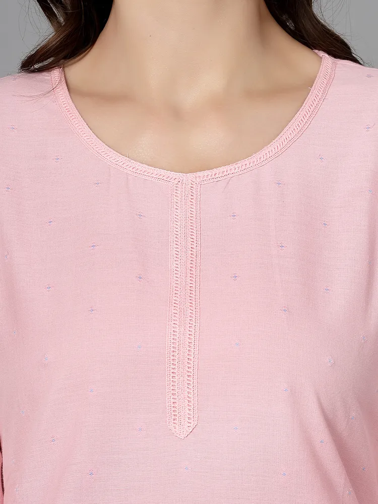 Women Pink Swiss-Dot Kurta With Lace
