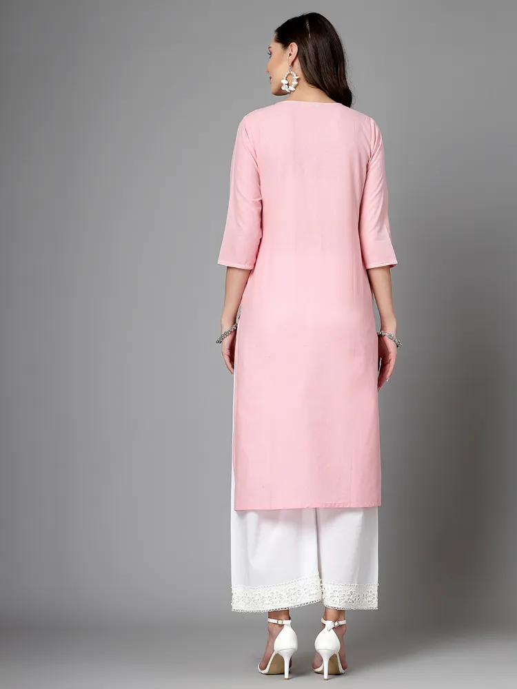 Women Pink Swiss-Dot Kurta With Lace