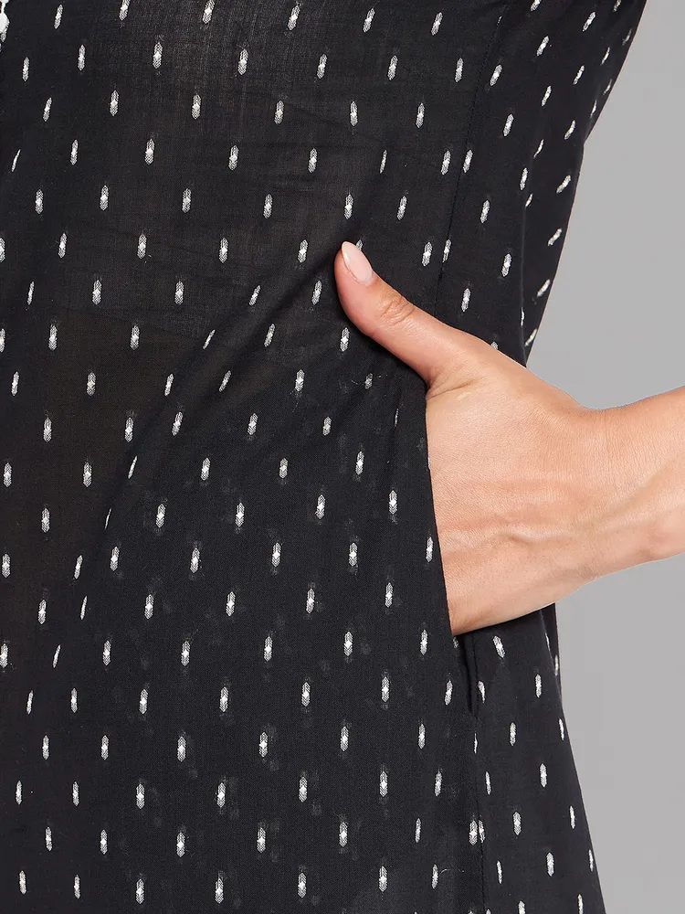 Women Black Woven Design Kurta With Lace