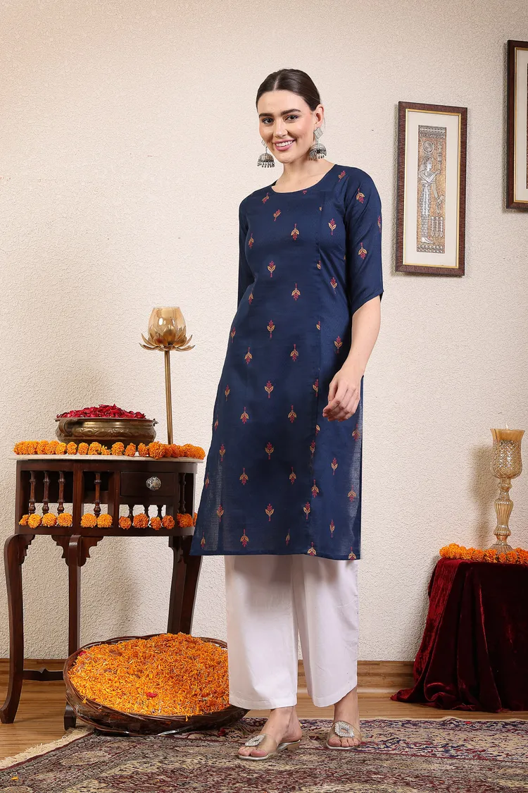 Women Navy Blue Ethnic Motifs Cotton Calf Length Kurta