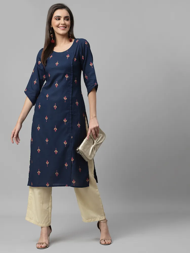 Women Navy Blue Ethnic Motifs Cotton Calf Length Kurta