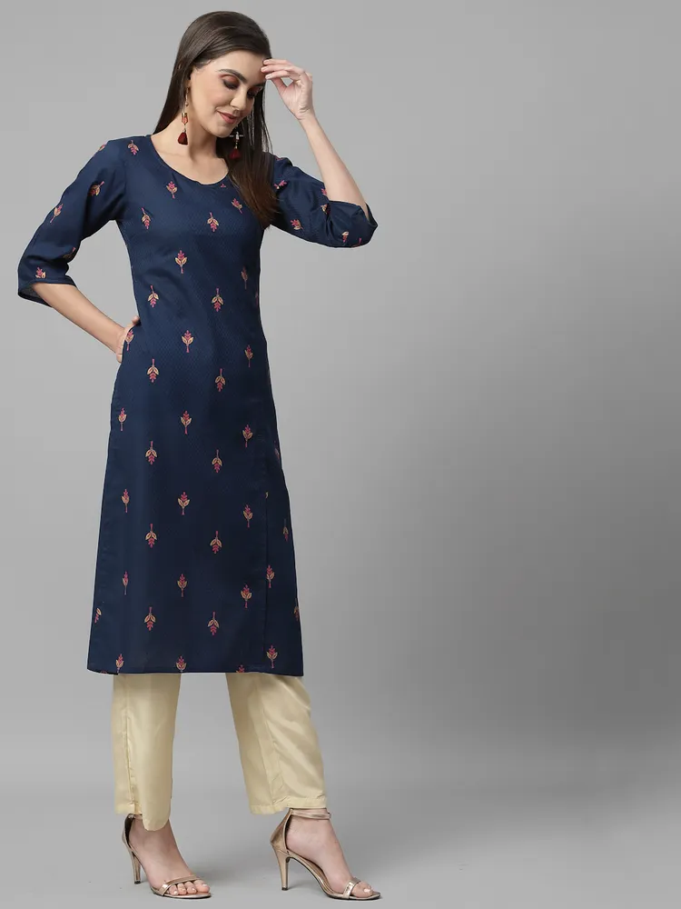 Women Navy Blue Ethnic Motifs Cotton Calf Length Kurta