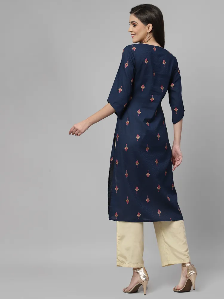 Women Navy Blue Ethnic Motifs Cotton Calf Length Kurta