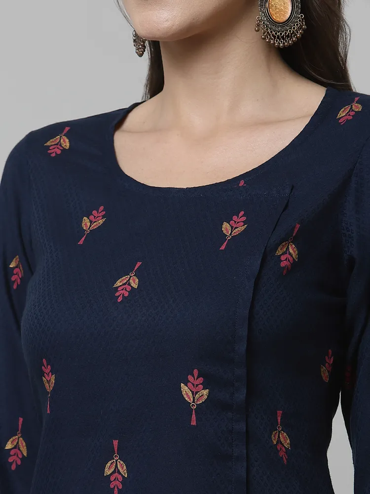 Women Navy Blue Ethnic Motifs Cotton Calf Length Kurta