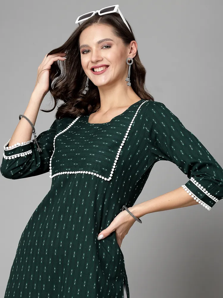 Women Dark Green Cotton Dobby Kurta