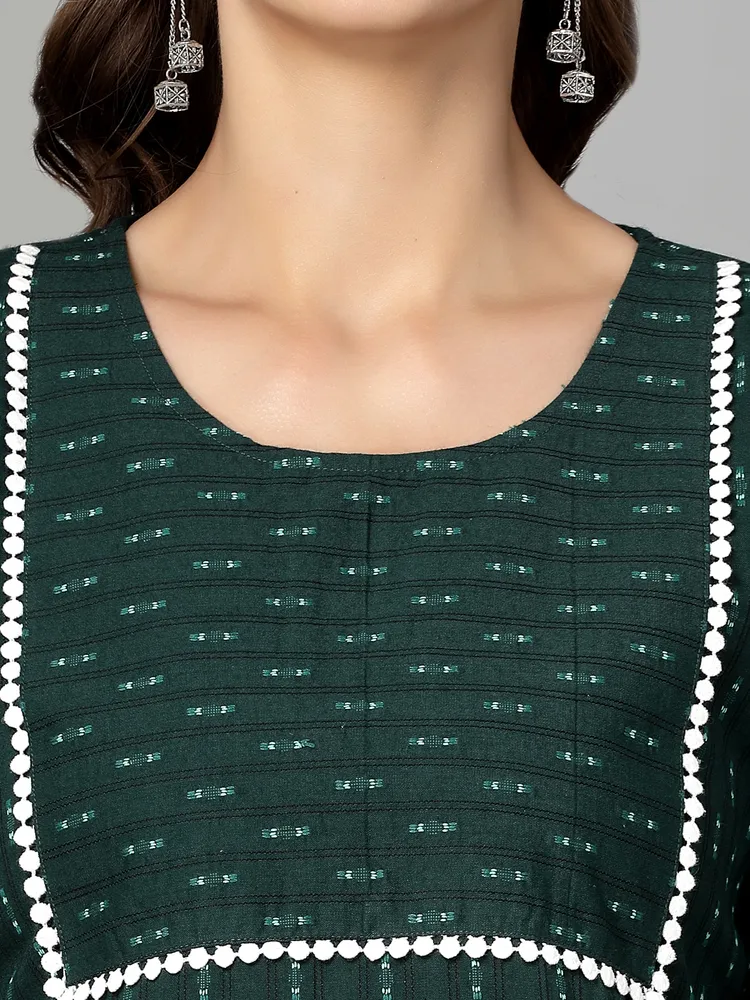 Women Dark Green Cotton Dobby Kurta