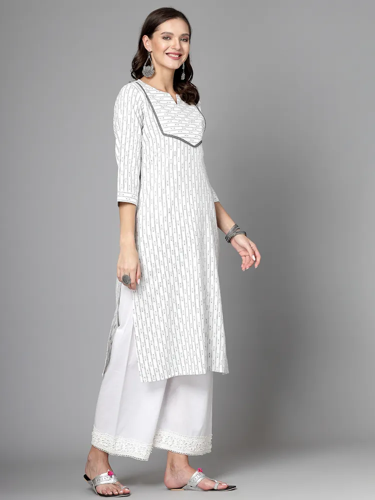 Women Off White Cotton Dobby Kurta