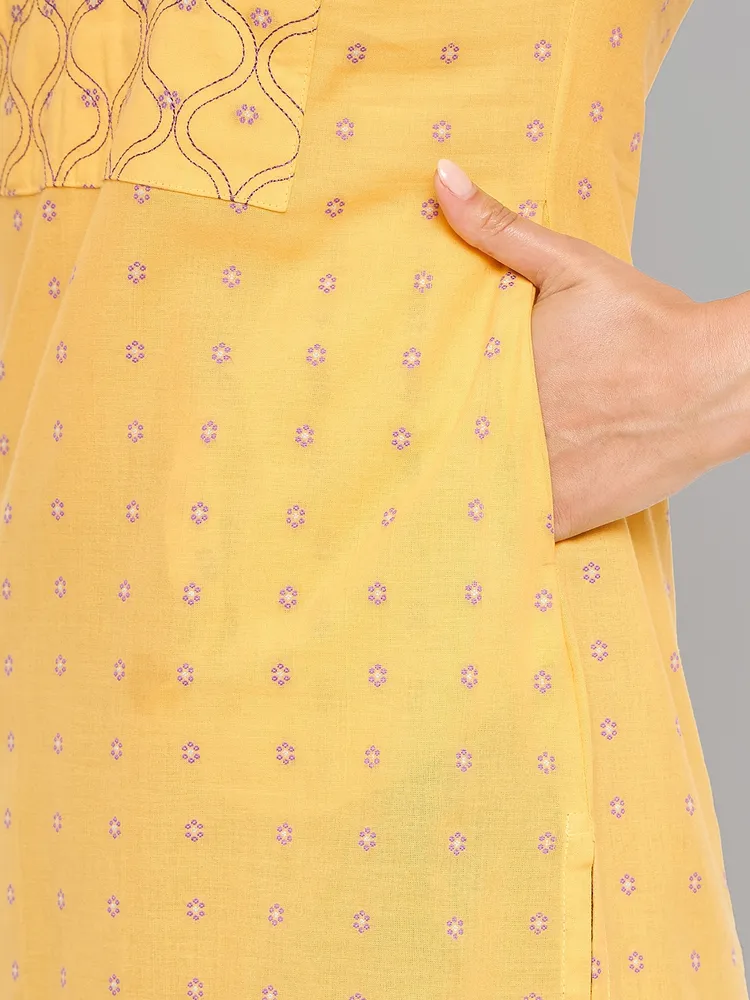 Women Mustard Kurta With Embroidered Yoke