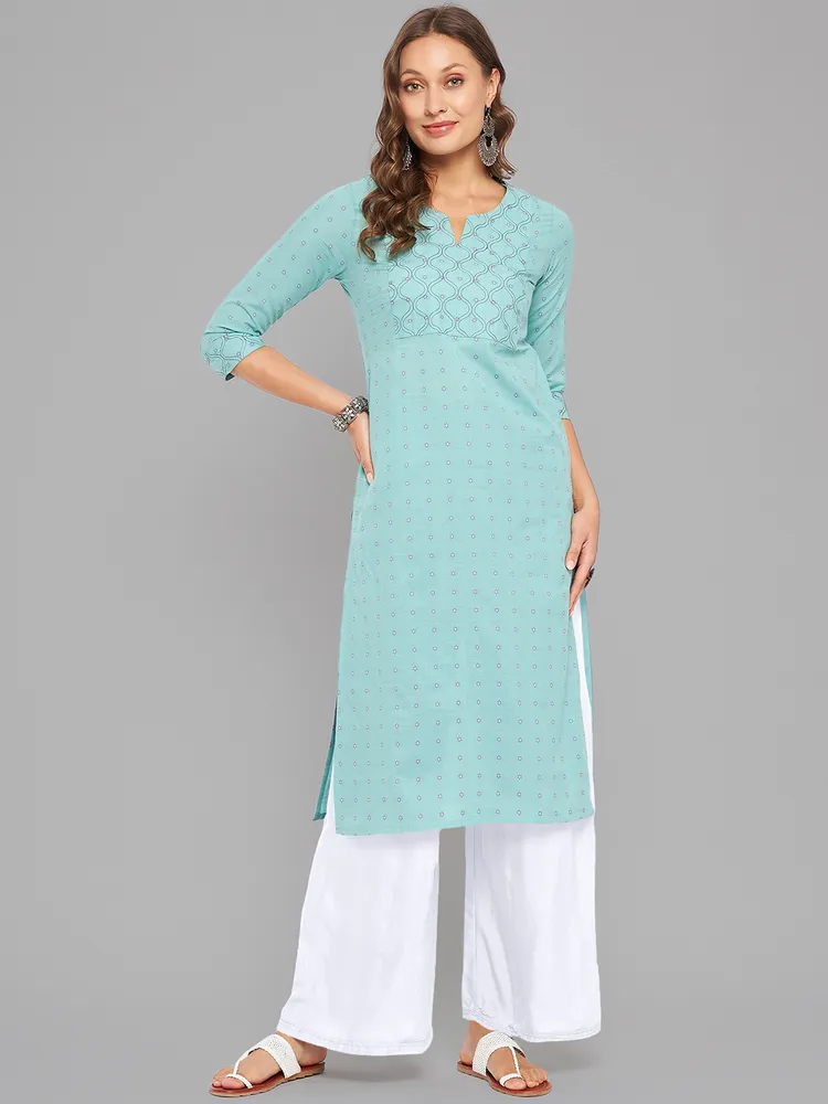 Women Sea Green Kurta With Embroidered Yoke