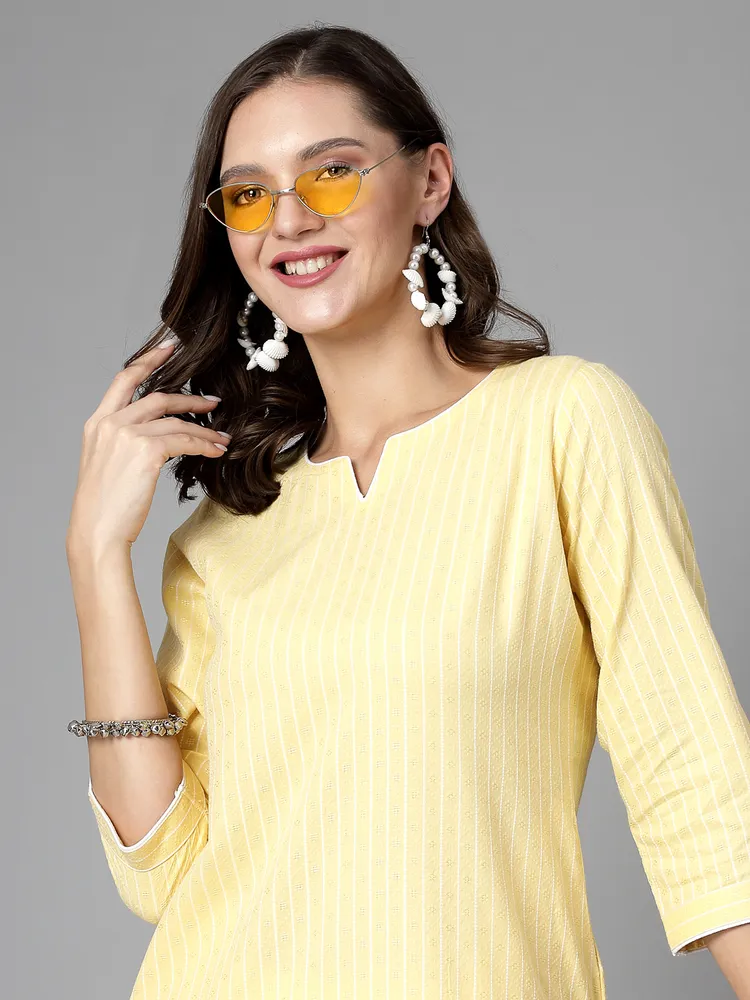 Women Yellow Striped Yarn-Dyed Kurta