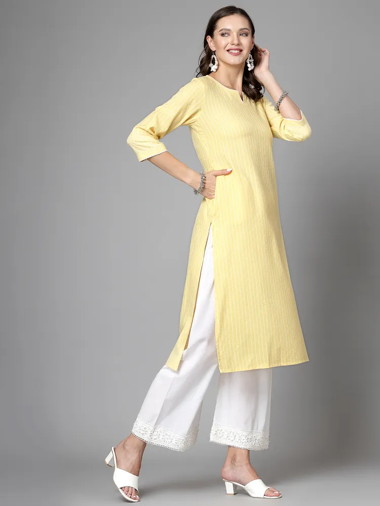 Women Yellow Striped Yarn-Dyed Kurta