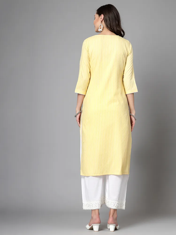 Women Yellow Striped Yarn-Dyed Kurta