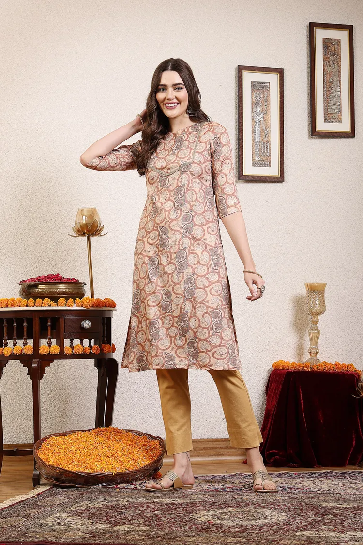 Women Brown Printed Straight Kurta