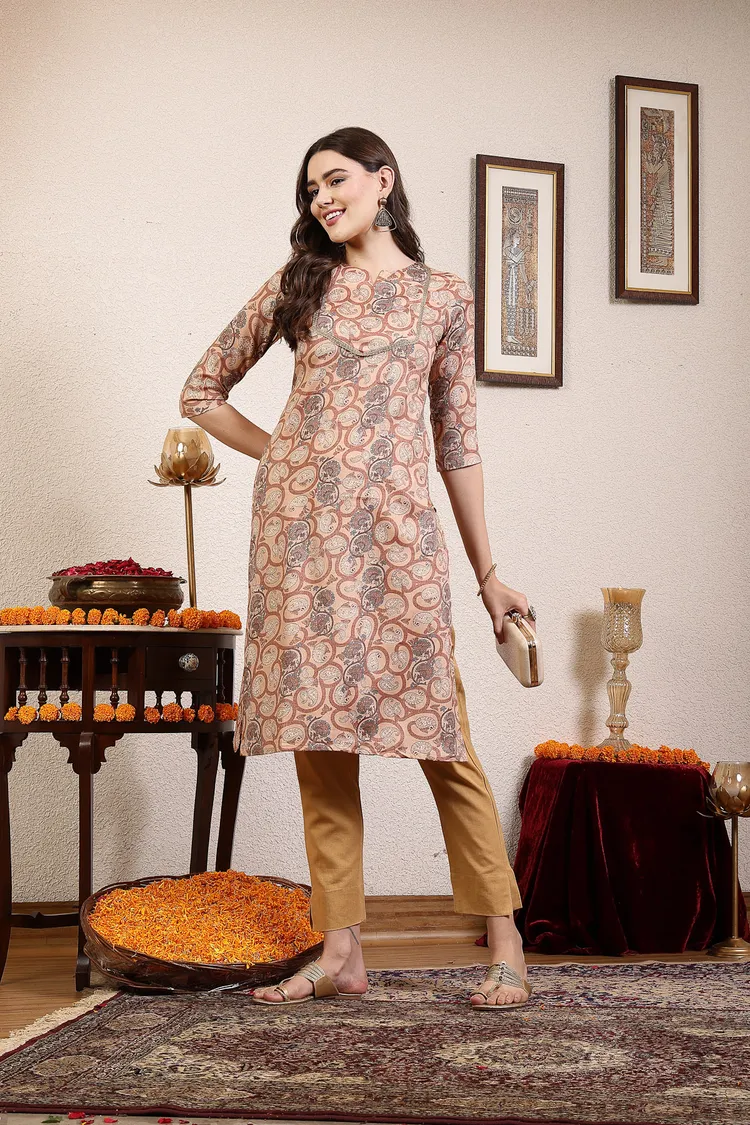 Women Brown Printed Straight Kurta