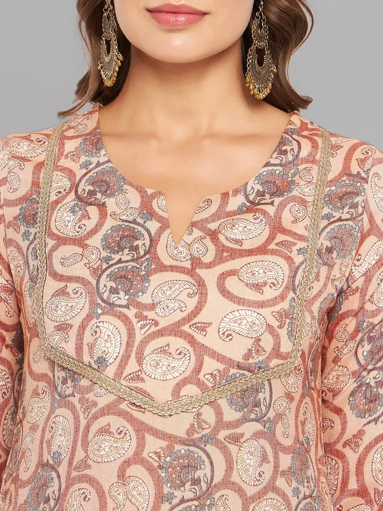 Women Brown Printed Straight Kurta
