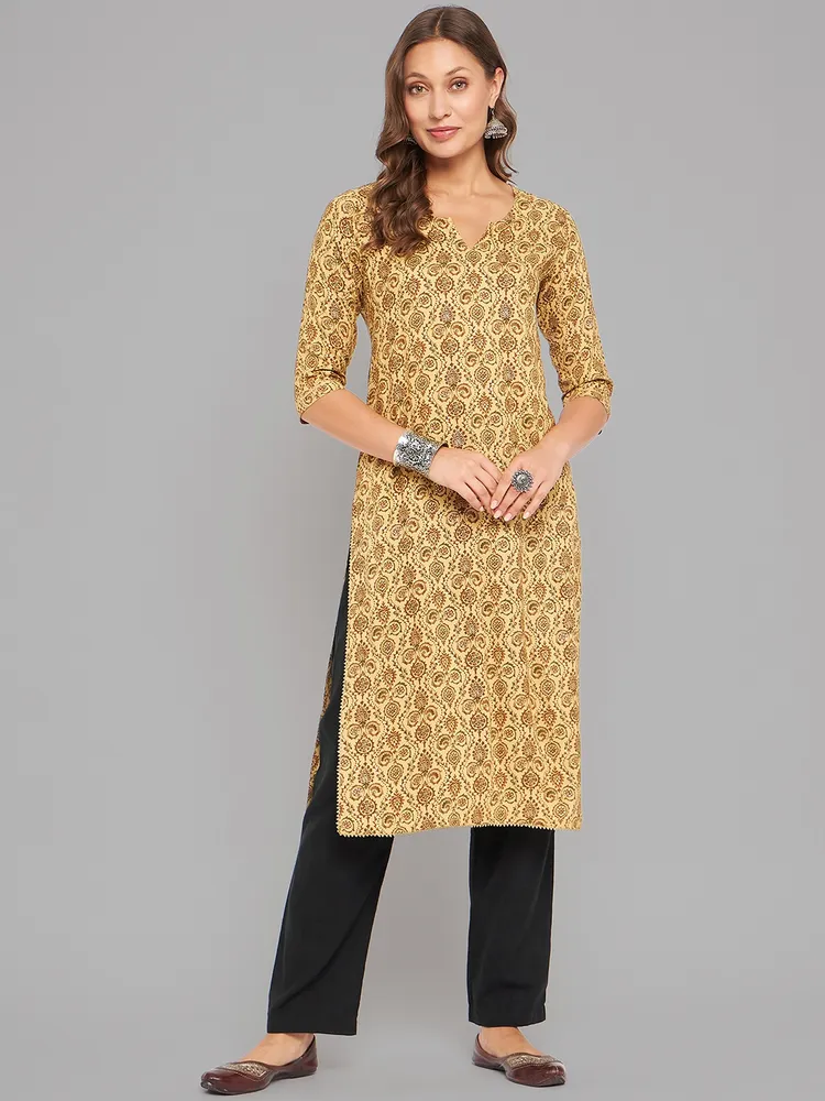 Women Mustard Kurta With Lace
