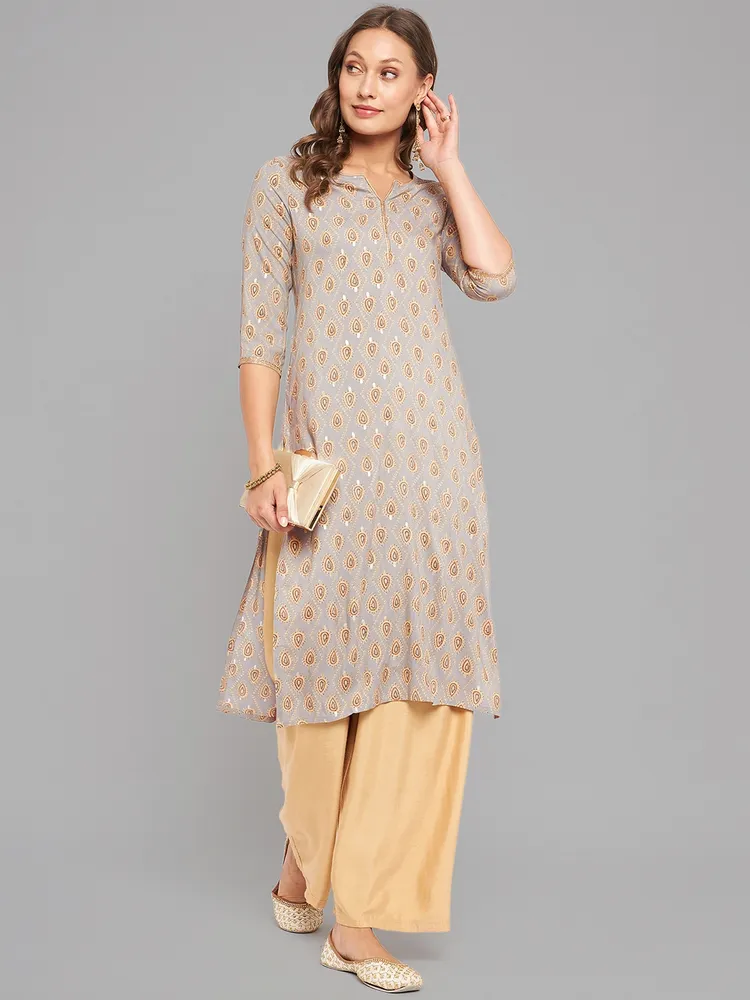 Women Grey Ethnic Motifs Printed Kurta With Piping