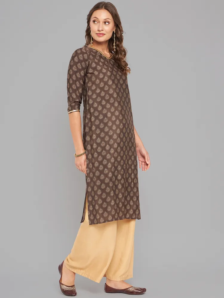 Women Brown Ethnic Motifs Printed Sequinned Kurta