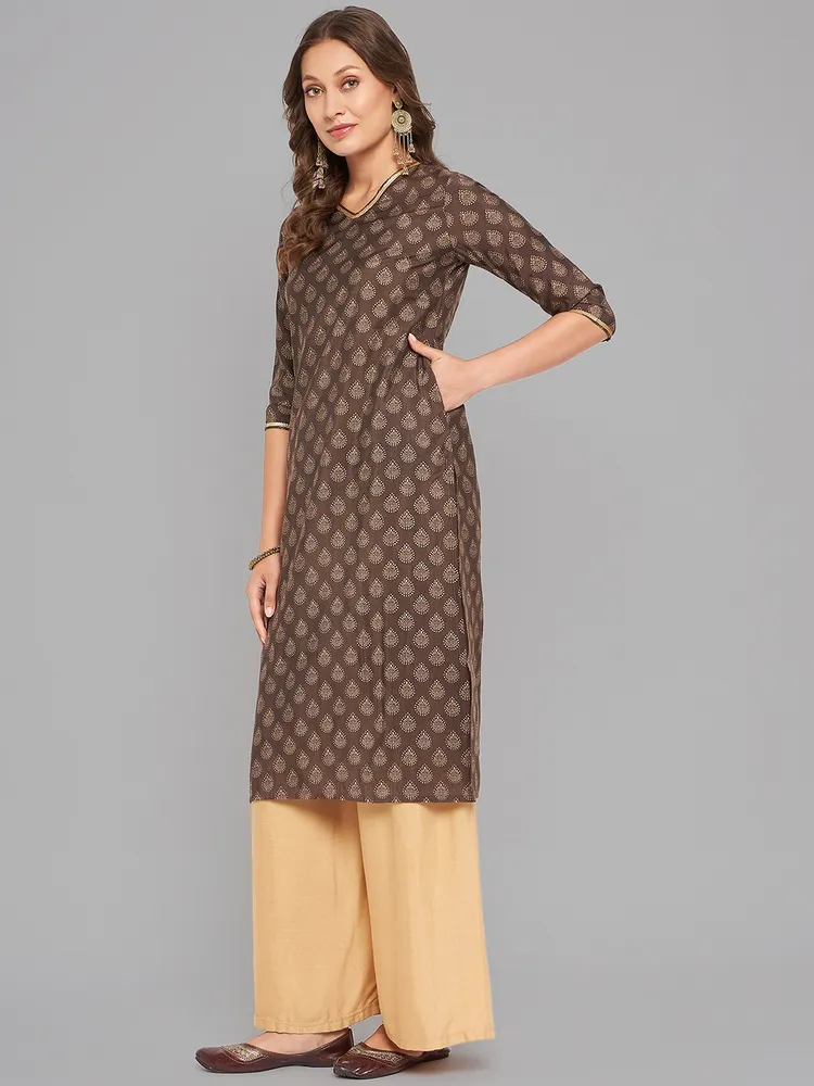 Women Brown Ethnic Motifs Printed Sequinned Kurta