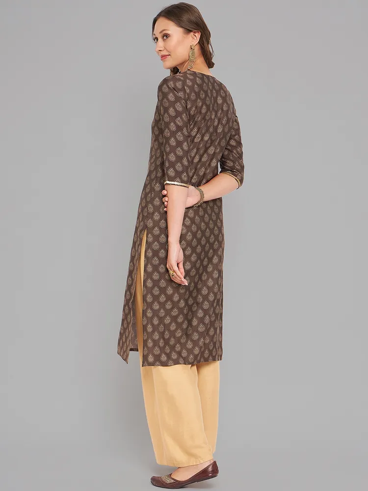Women Brown Ethnic Motifs Printed Sequinned Kurta