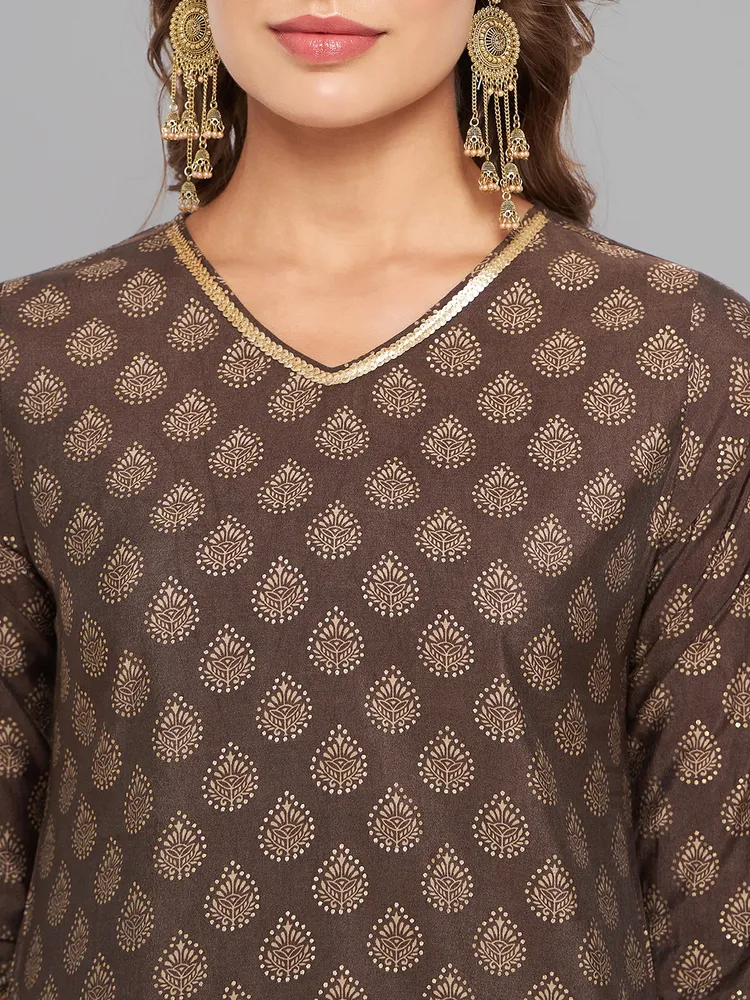 Women Brown Ethnic Motifs Printed Sequinned Kurta