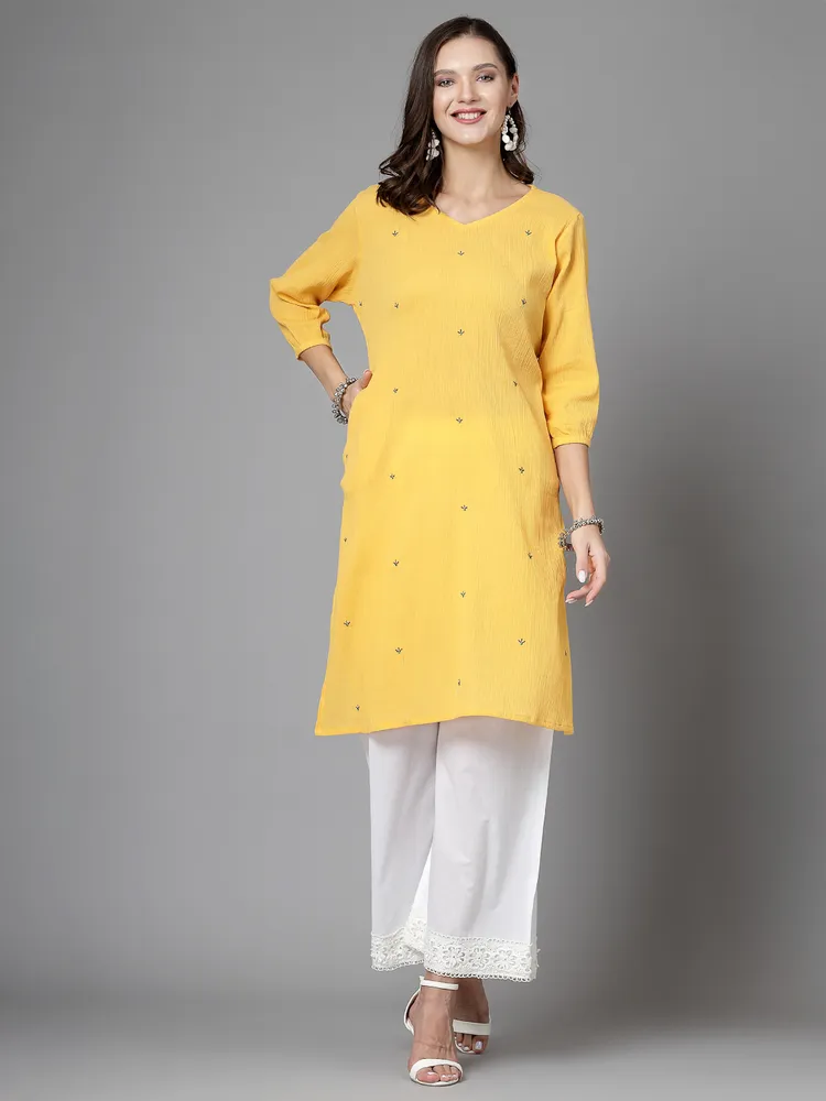 Women Mustard Kurta With Embroidered Front
