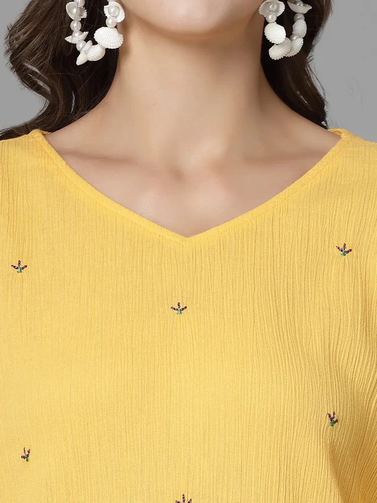 Women Mustard Kurta With Embroidered Front