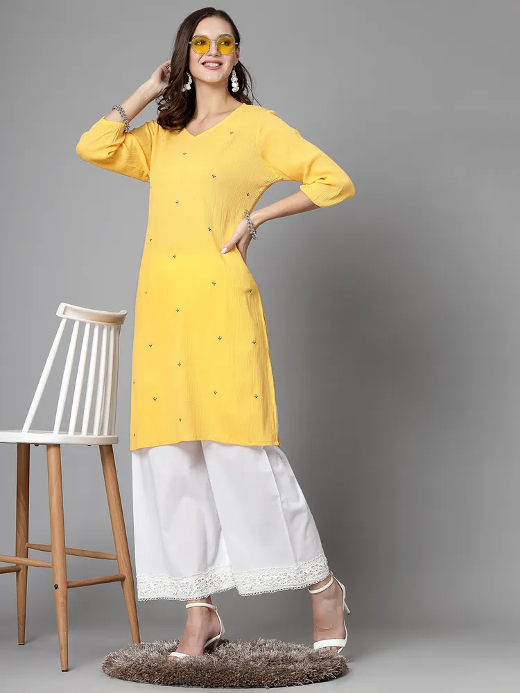 Women Mustard Kurta With Embroidered Front