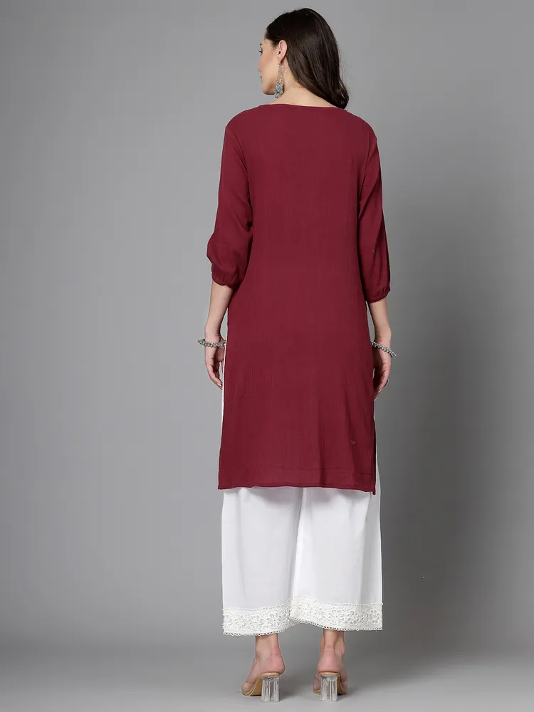 Women Maroon Kurta With Embroidered Front