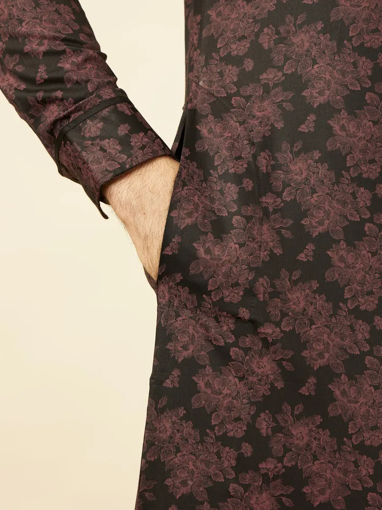 Manyavar Midnight Black Floral Patterned Angrakha Style Kurta for Men