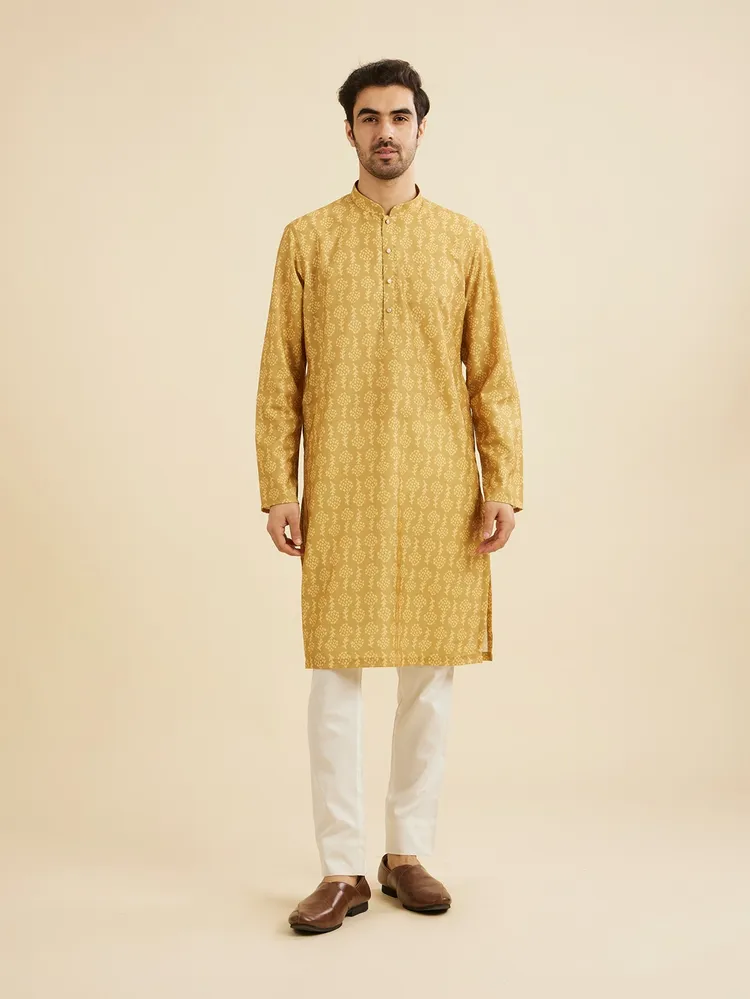 Manyavar Mustard Yellow Self Floral Motifs Printed Kurta for Men