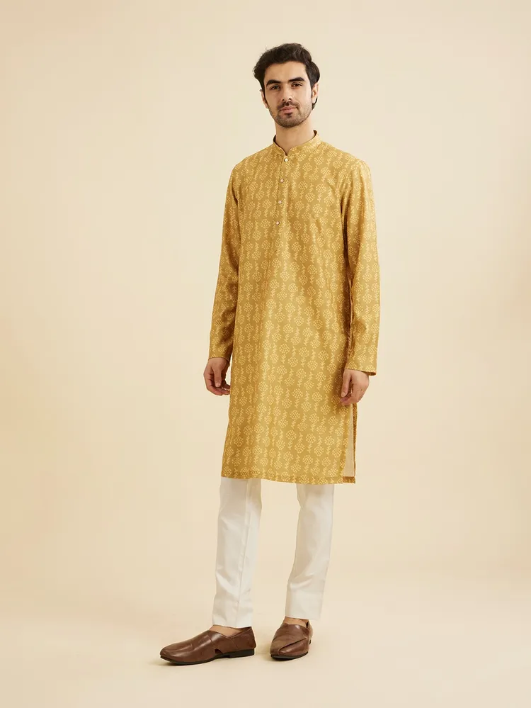 Manyavar Mustard Yellow Self Floral Motifs Printed Kurta for Men