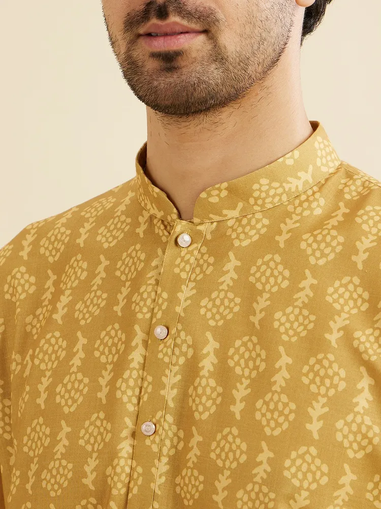 Manyavar Mustard Yellow Self Floral Motifs Printed Kurta for Men